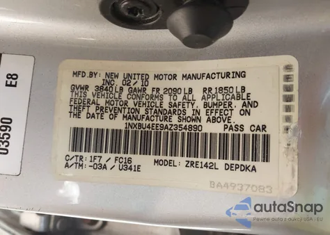 2010 Toyota Corolla Le z USA, uszkodzony, nr VIN 1NXBU4EE9AZ354890